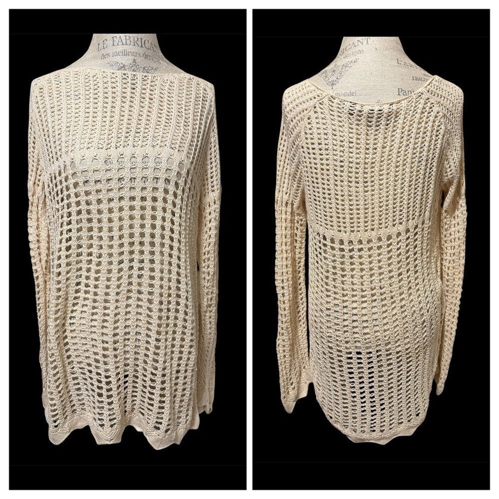 Crystal Kobe Boho Crochet Tunic Sweater Cream Minimalist Asymmetrical Hem Large